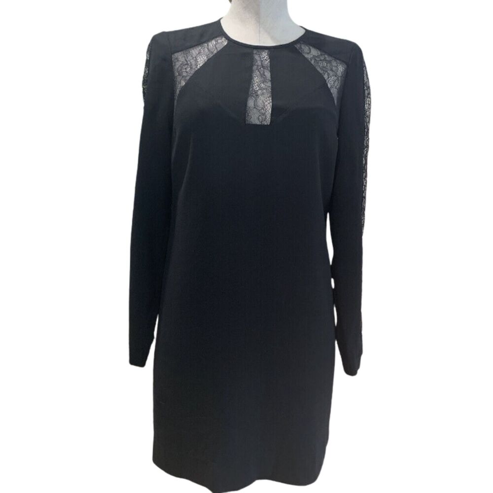 BCBG Maxazria Black Mini Dress Payten Long Sleeves Lace Insert Shift Size XS